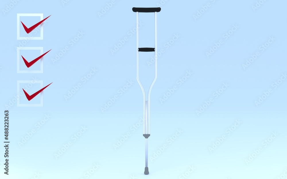 リアルな松葉杖とチェックリストの3DCG、事故・医療保険のイメージ