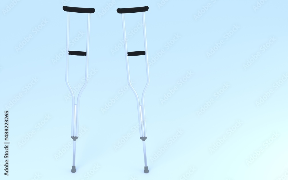 リアルな松葉杖の3DCG、事故・リハビリのイメージ