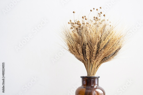 Simple brown glass vase with a bouquet of flax and wheat. Place for text. Bouquet of dried flowers.