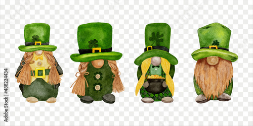 Set leprechaun with four leaves clovers on transparent background, Cute elements for St Patrick day greeting card,Gnomes with Shamrock,Vector Watercolour green Scandinavian Dwarfs collection in Celtic