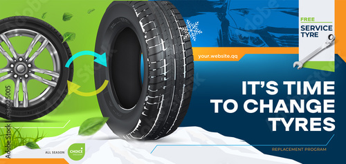 Set of car wheels. Advertising banner - tire change summer, winter. Seasonal tire service. The wheel is in the snow. Tire in the grass. Cycle icon. Web design. Flyer. Billboard. Sale. Discount program