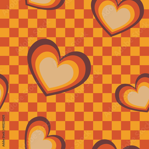 1970s Hearts Seamless Pattern on Orange Checkered Background. Hand-Drawn Vector Illustration. Seventies Style, Groovy Background, Wallpaper, Print. Flat Design, Hippie Aesthetic.