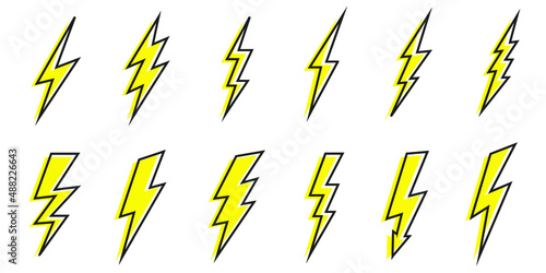 Cartoon lightning doodle set. Hand drawn thunder bolts  black line art and color. Vector illustration collection  isolated on white background. 