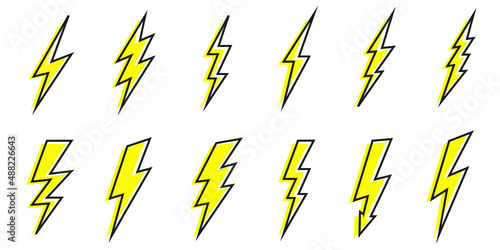Cartoon lightning doodle set. Hand drawn thunder bolts, black line art and color. Vector illustration collection, isolated on white background.
