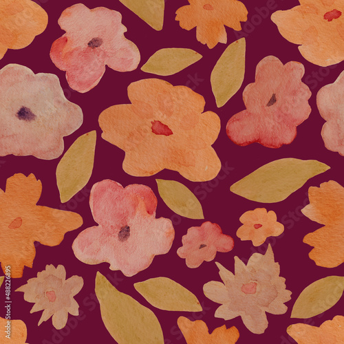 Multicolored abstract flowers and leaves on a purple background. Seamless pattern in pastel colors. Watercolor