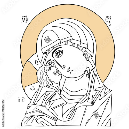 Orthodox icon of Holy Mother, God Mother of God Queen of Heaven with Jesus Christ Child. Eleusa, Virgin Mary tenderness. Linear hand drawing. vector illustration for christian and catholic communities