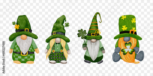 Set leprechaun with four leaves clovers on transparent background, Cute elements for St Patrick day greeting card,Gnomes with Shamrock,Vector Watercolour green Scandinavian Dwarfs collection in Celtic