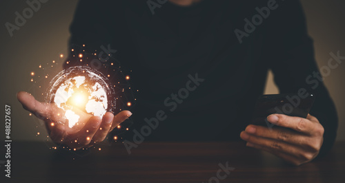 Business people use smart mobile phones business technology, global internet connection, digital marketing, finance and banking, digital link technology, big data.
