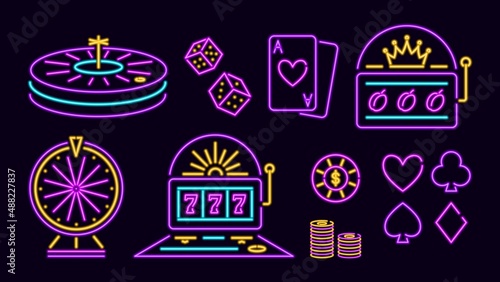 Neon gaming machines and gambling items. Luminous purple wheel and slot machine. Wheel of fortune with chips and dice. Card suits and vector decks