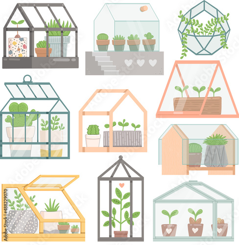 Greenhouse, spring set with plants, flat, vector