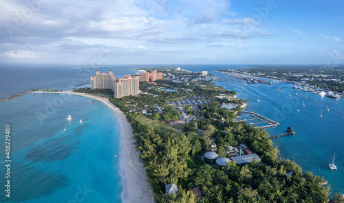 The drone aerial view of Paradise Island, Nassau, Bahamas.