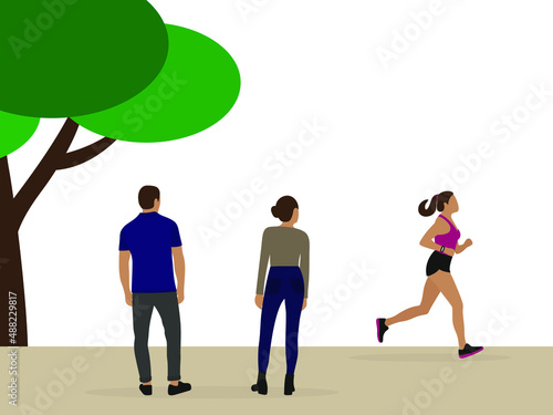Male character and female character looking at running female character outdoors