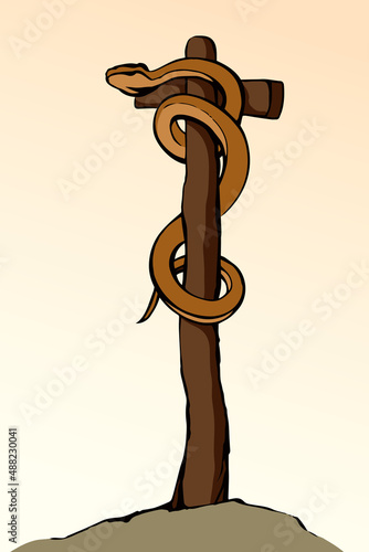 The serpent on the pole. Vector drawing