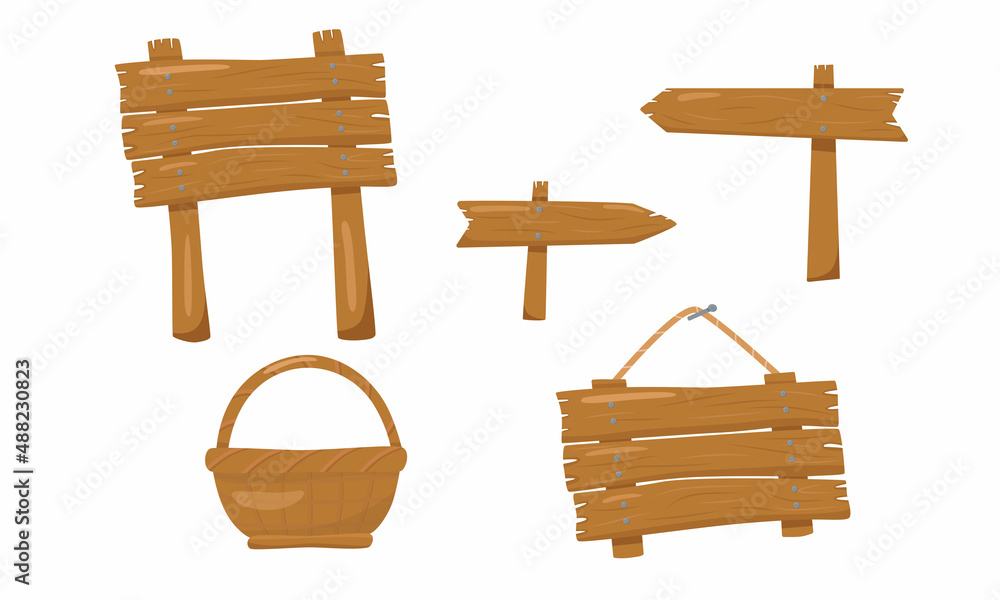 Wooden sign board set with texture, pointer, basket in cartoon style. Vector stock illustration isolated on white background for information post. Wooden sign board set with texture, pointer, basket in cartoon style. Vector stock illustration isolated on white background for information post.