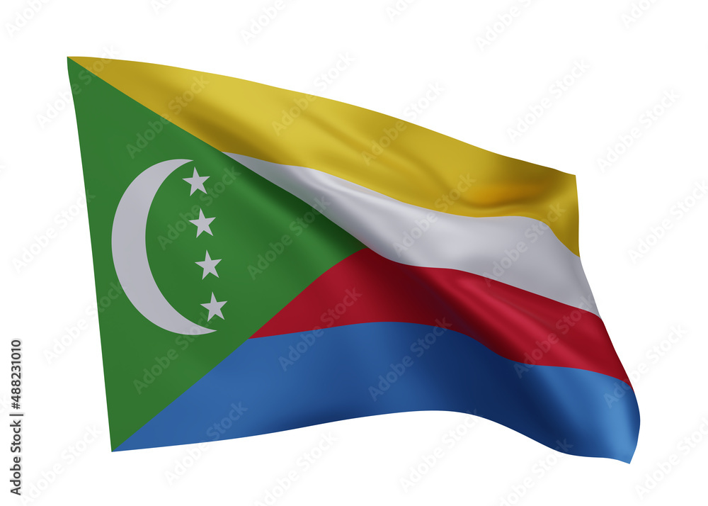 3d flag of Comoros isolated against white background. 3d rendering. 3d flag of Comoros isolated against white background. 3d rendering.