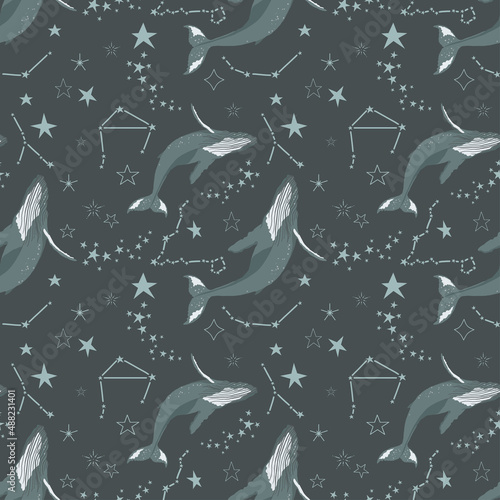Vector patterned whales couple, stars, space constellations on blue background. Beautiful onamental animal print, fairytale fantasy illustration photo