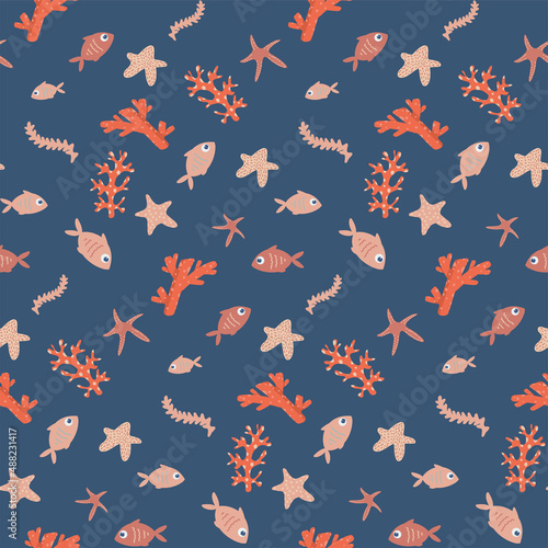PrintOrange sea animals, fish, starfish and algae seamless pattern. Marine animal collection, cartoon characters for textile, wrapping, decor