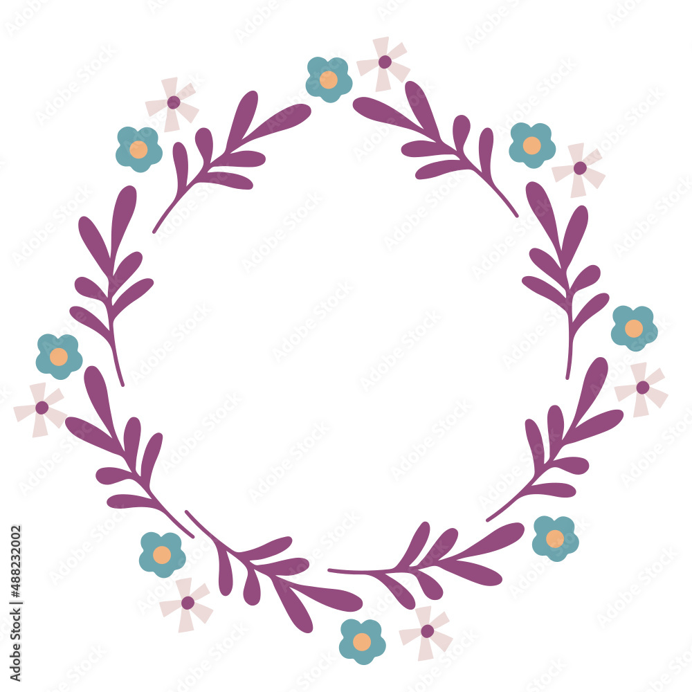 Purple pink yellow turquoise flower wreath, floral border vector
