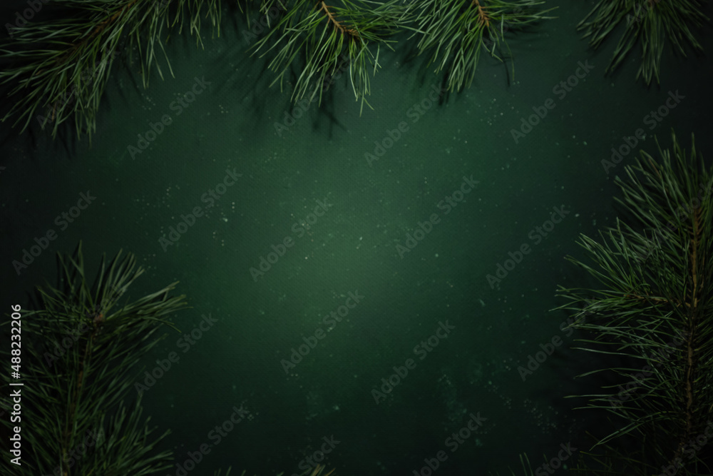 Christmas and New year green background for text. On the sides of a spruce branch Christmas and New year green background for text. On the sides of a spruce branch