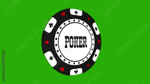 Black casino chip with word of Poker rotates on its axis on green background. 3D animation of a 360 degrees spinning Poker Chip. Betting game concept. Poker or roulette gaming. 4K. Alpha Channel.