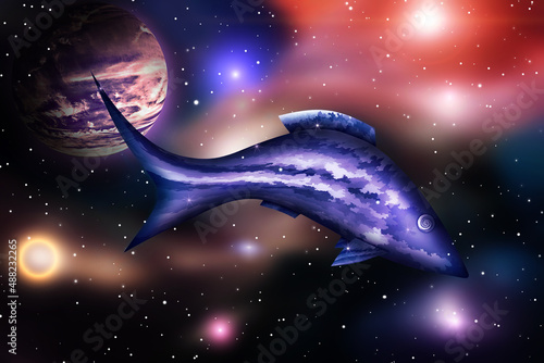 Illustration. Space wanderer fish in space among stars and nebul