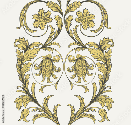 Gold ornament with flowers. Print with baroque swirls. Vintage vector.