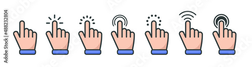 
Vector cartoon finger. Touch or click icon mouse cursor in various gestures for mobile touch screen devices.
