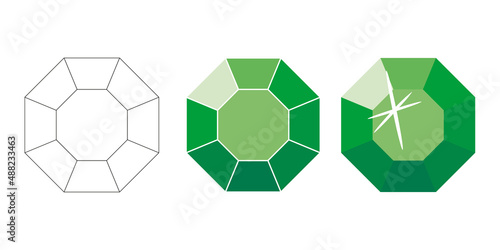 Drawing in vector of a green gem in the shape of an octagon. Three stages of drawing in gems vector. Green gem for creating children's games.