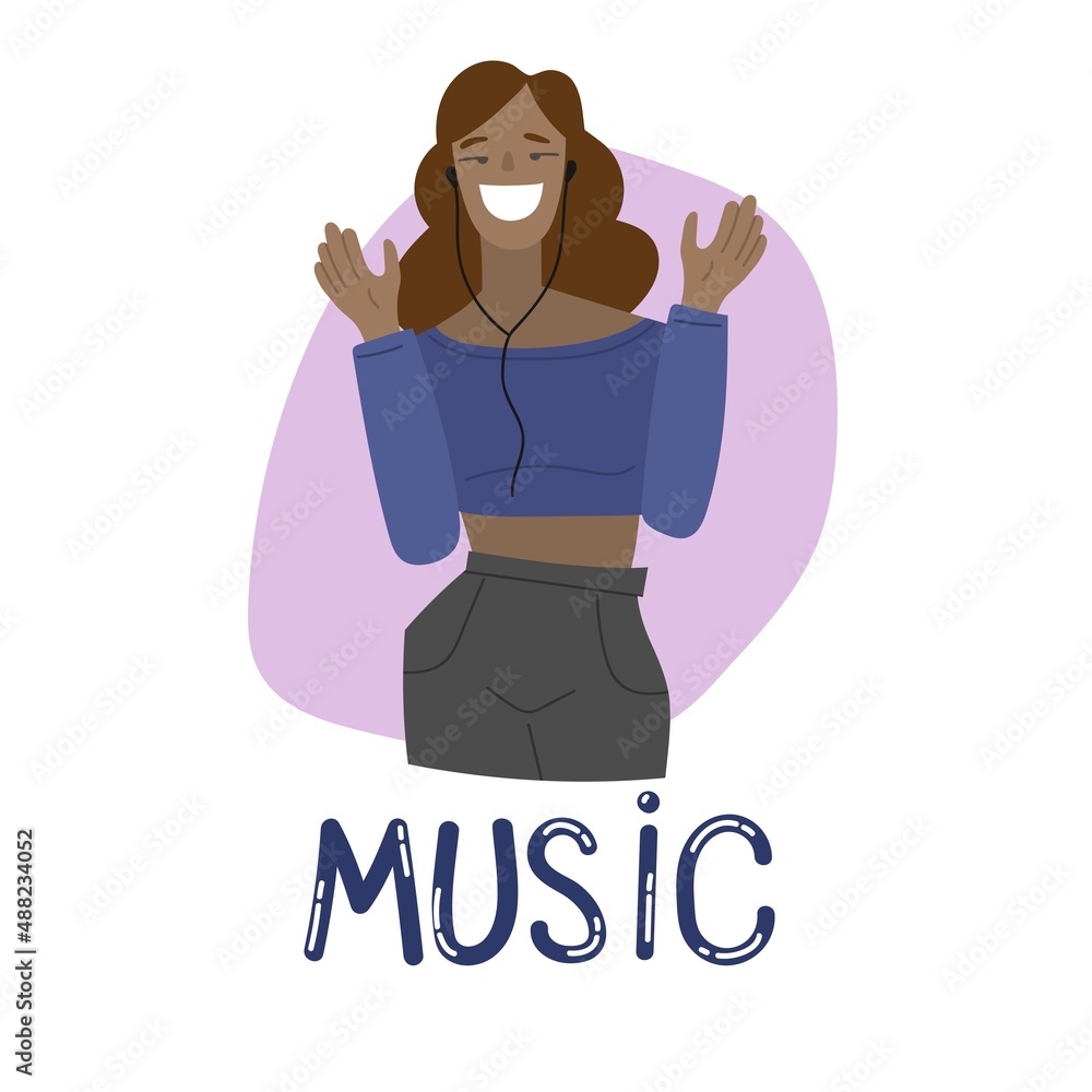 A flat illustration of a girl in headphones listening and dancing to music in a cartoon, hand-drawn style.