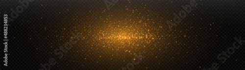 Glowing light effect in yellow gold color with lots of shiny particles isolated on dark background. Vector star cloud with dust.	
