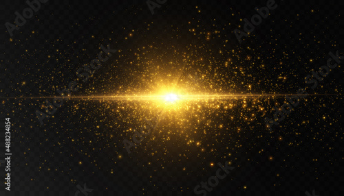 Bright yellow light effect, flash nova detonation PNG effect on black background with many small light effects.