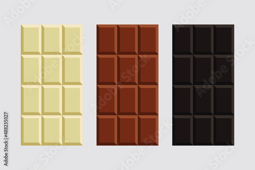 White, Milk and Dark Black Chocolate Bar Icon Set Closeup Isolated on grey Background. Design Template. Chocolate bar package packaging blank pack vector illustration background design. 