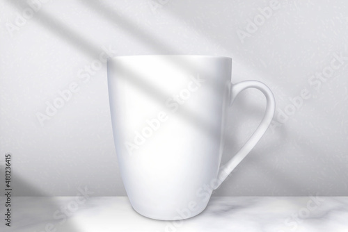 White cup on white studio background. Empty cup mockup. Side view. Blank ceramic mug with shadow. 3d cup front with soft light for product. Mock up template. Sublimation for design prints. Vector