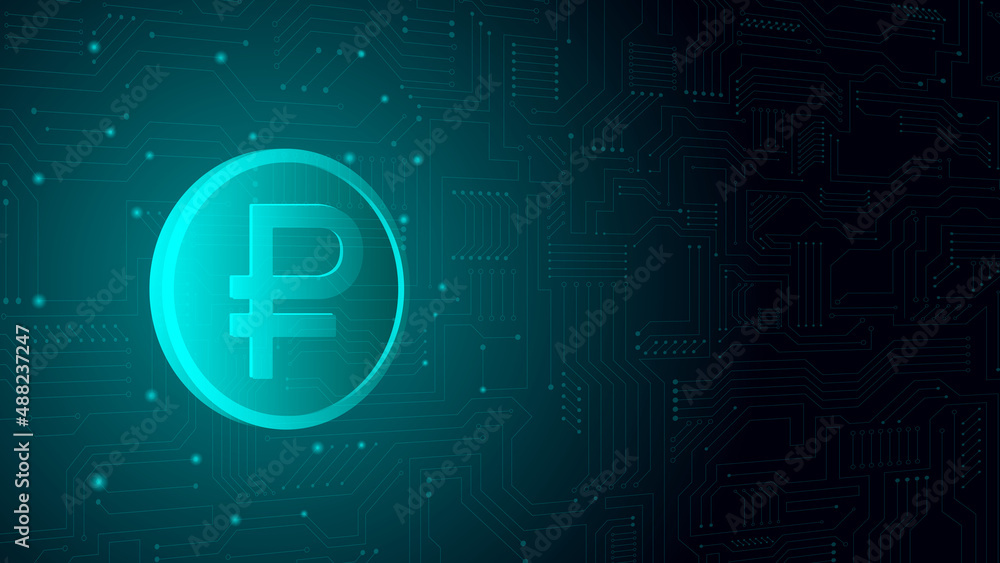 Digital Russian ruble on the background of the structure of the scheme.Computer technology.Finance and economics.Vector stock illustration. Digital Russian ruble on the background of the structure of the scheme.Computer technology.Finance and economics.Vector stock illustration.