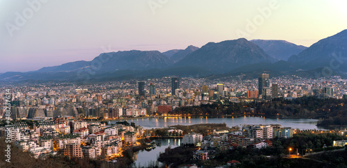 Albania, Tirana city east view, morning before sunrise, winter
