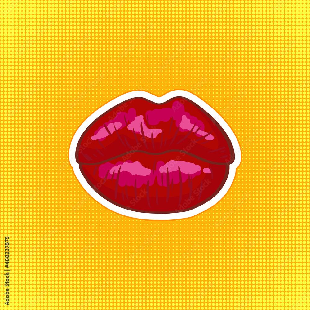 Kiss - womans lips. Hot sexy red kissed. Beautiful kiss icon on dotted halftone background. Vector illustration in retro pop art or comics style. Modern sticker