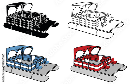 Pontoon Deck Boat with Canopy Clipart Set - Outline, Silhouette and Color