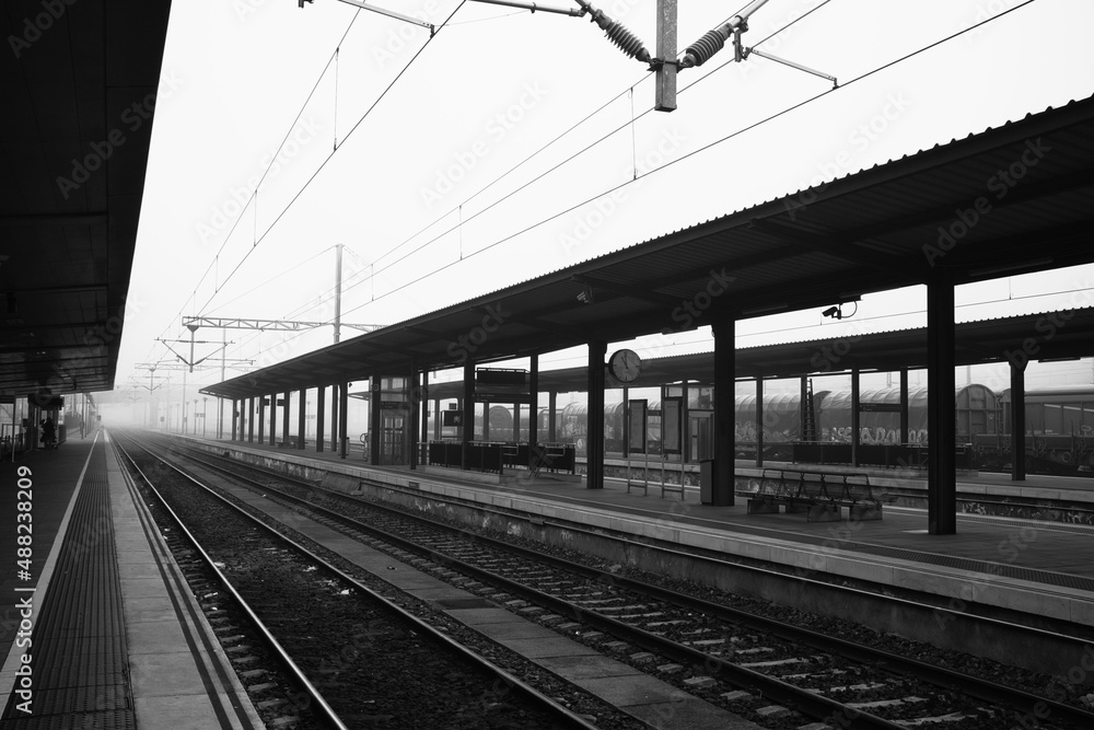 Salamanca, Spain, 1st July 2020. Perspective view of the train station on a foggy morning. Shoot in Black and white.