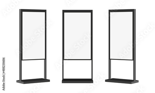 Advertising Display Screen Mockup, LCD Digital Signage, Front and Side View, Isolated on White Background. Vector Illustration