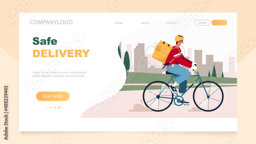 Safe delivery concept, bike delivery service, male courier character wearing mask riding bicycle with delivery box landing page. Bicycle courier on city landscape. Vector illustration in flat style.