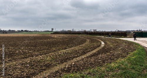 View over the plowed land of the sugar beet fields in late winter around Hakendover and Zoutleeuw photo