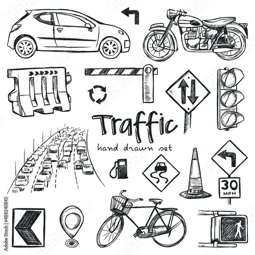 Hand drawn traffic doodle set. Vector illustration. Elements isolated on a white background. Symbol collection.