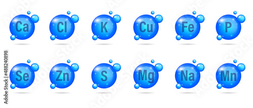 Set of mineral complex. Drop pill capsule collection K, Cl, Ca, Cu, Mn, Na, Fe, Mg, Se, Zn, S, P. Multimineral pill capsule supplement illustration concept. Blue drug nutrition design