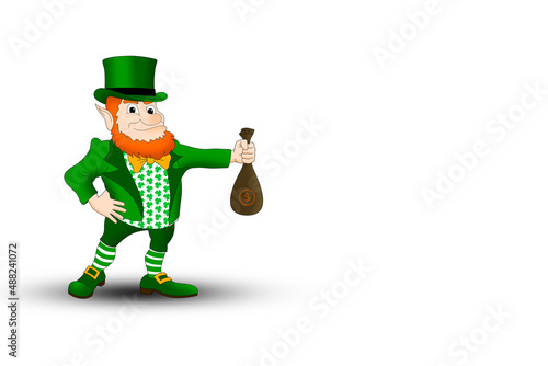 St.Patrick 's Day. Leprechaun in a green suit with a bag of money on a white background. photo