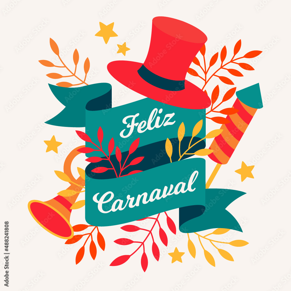 Feliz carnaval. Post redes sociales. Sombrero y trompeta. Happy carnival.  Stock Vector | Adobe Stock