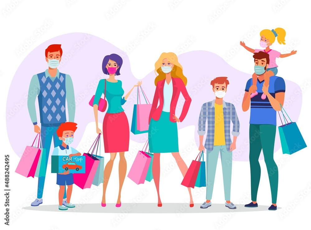 Two families pose standing with shopping bags and medical masks on their faces. Vector illustration on the theme of coronavirus measures. Two families pose standing with shopping bags and medical masks on their faces. Vector illustration on the theme of coronavirus measures.