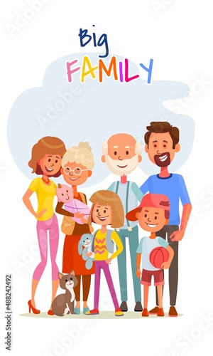 Big cute family mom  dad grandparents happy standing together smiling. Vector illustration in cartoon style.