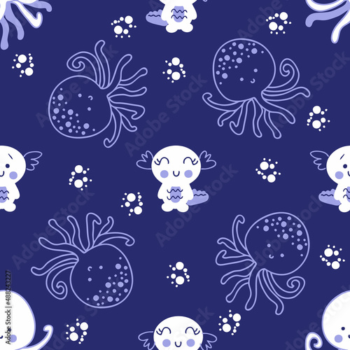 Dark seamless pattern with octopus and axolotls in the ocean. Perfect for T-shirt, textile and print. Hand drawn vector illustration for decor and design.