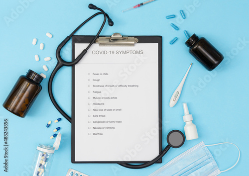 Coronavirus test questionnaire on the table. Checklist for questions about covid-19.