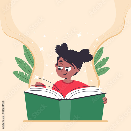 Cute girl reading a book. Children reading or studying with book. Black skin female with book, readers, young fans of literature. Modern flat cartoon colorful vector illustration with place for text.